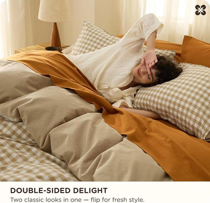 Bedsure Gingham Duvet Cover King Size, 100% Washed Cotton PureWoven Duvet Cover Linen Like Textured, Classic Yarn-Dyed Checkered Pattern Enhances Bedroom Comfort and Style, Gingham Khaki, 104"x90"