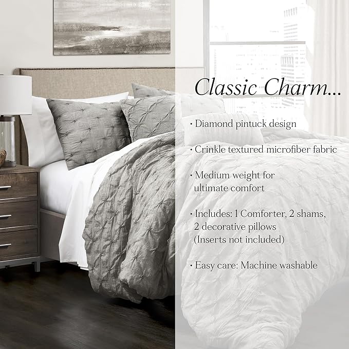 Lush Decor Ravello Pintuck Comforter Set - Luxe 5 Piece Textured Bedding Set - Traditional Glam & Farmhouse Inspired Bedroom Decor - King, Gray