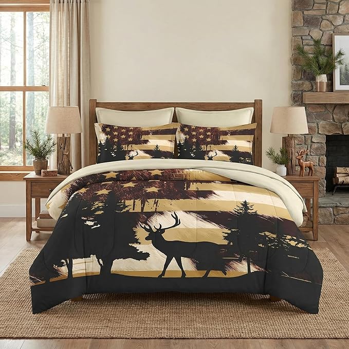 7 Pcs Queen Size Comforter Set with 2 Pillowcases & 2 Shams, Retro Hunting Deer Bedding for Kids and Adults, American Flag Animal Bed in a Bag with Flat Fitted Sheet