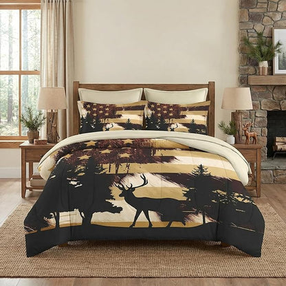 7 Pcs Queen Size Comforter Set with 2 Pillowcases & 2 Shams, Retro Hunting Deer Bedding for Kids and Adults, American Flag Animal Bed in a Bag with Flat Fitted Sheet