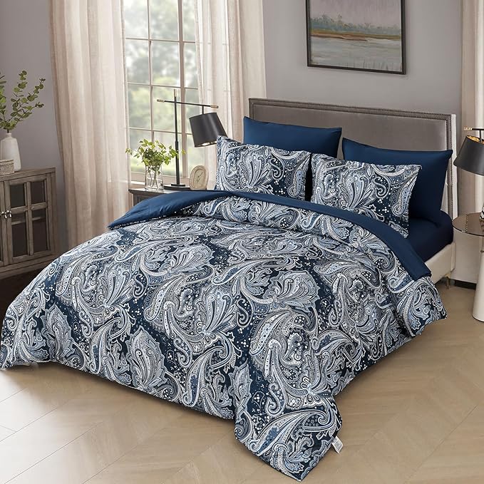 DJY Navy Paisley Comforter Set Queen Size 7 Piece Bed in a Bag Boho Paisley Pattern Comforter Set Soft Lightweight Microfiber Blue Reversible Bedding Set for All Season (90''x90'')