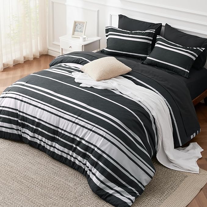 Bedsure Queen Comforter Set 7 Pieces, Black Striped Bedding Set for All Seasons, Reversible, Cationic Dyeing Bed in a Bag with Comforter, Sheets, Pillowcases & Shams