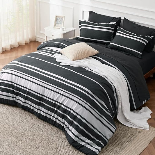 Bedsure California King Comforter Set 7 Pieces, Black Striped Bedding Set for All Seasons, Reversible, Cationic Dyeing Bed in a Bag with Comforter, Sheets, Pillowcases & Shams
