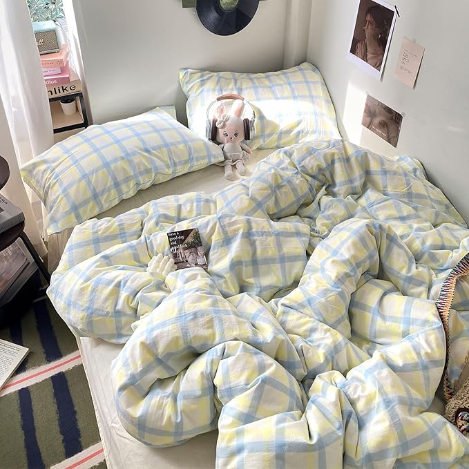 EAVD Buffalo Plaid Duvet Cover Queen Soft Washed Cotton Bedding Set Yellow Blue Grid Checkered Bedding Set with 2 Pillowcases Vintage Style Gingham Duvet Cover with Zipper Closure