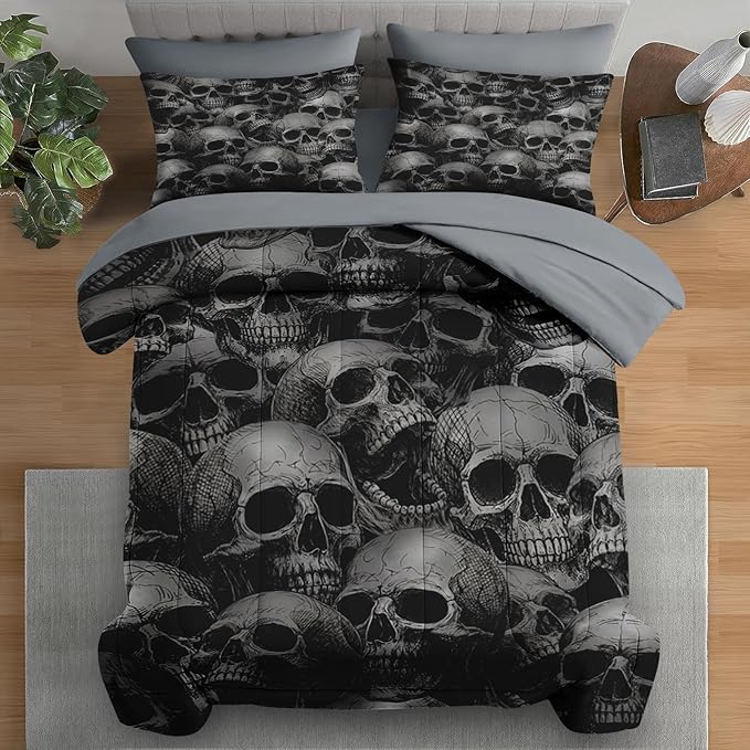 Comforter Set Queen Size, Skeleton Retro 7 Pcs Bedding for Adults, Spooky Horror Gothic Bed Sheet Sets with Fitted Sheet 2 Pillowcases & 2 Shams for Bedroom Bed Decor