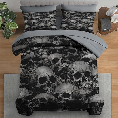 Comforter Set Queen Size, Skeleton Retro 7 Pcs Bedding for Adults, Spooky Horror Gothic Bed Sheet Sets with Fitted Sheet 2 Pillowcases & 2 Shams for Bedroom Bed Decor