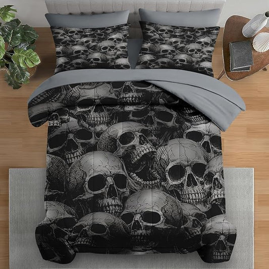 Comforter Set Twin Size, Skeleton Retro 5 Pcs Bedding for Adults, Spooky Horror Gothic Bed Sheet Sets with Fitted Sheet Pillowcases & Shams for Bedroom Bed Decor
