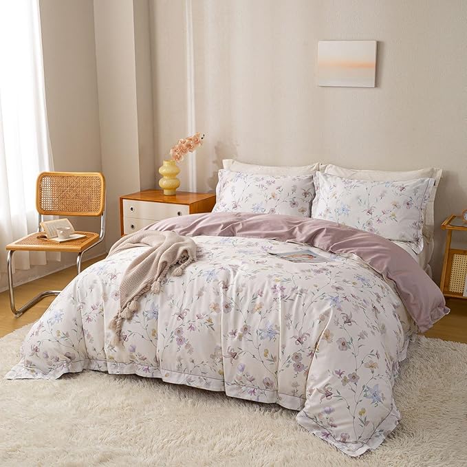OAITE Duvet Cover Set King Size Floral Pattern Ultra Soft 100% Cotton Duvet Cover Sets 3-PC, Breathable Duvet Cover with Zipper Closure & Corner Ties(2 Pillow Shams,1 Duvet Cover)