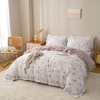 OAITE Duvet Cover Set King Size Floral Pattern Ultra Soft 100% Cotton Duvet Cover Sets 3-PC, Breathable Duvet Cover with Zipper Closure & Corner Ties(2 Pillow Shams,1 Duvet Cover)