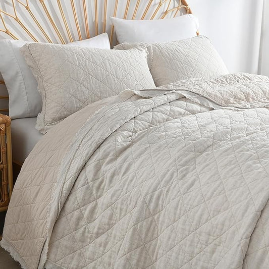 HORIMOTE HOME 100% Linen Front/100% Cotton Back Quilt Set King Size, Beige Pre-Washed European Flax Linen Quilt, Diamond Stitch Bedspread Coverlet Bedding Set 3-Piece for All Seasons