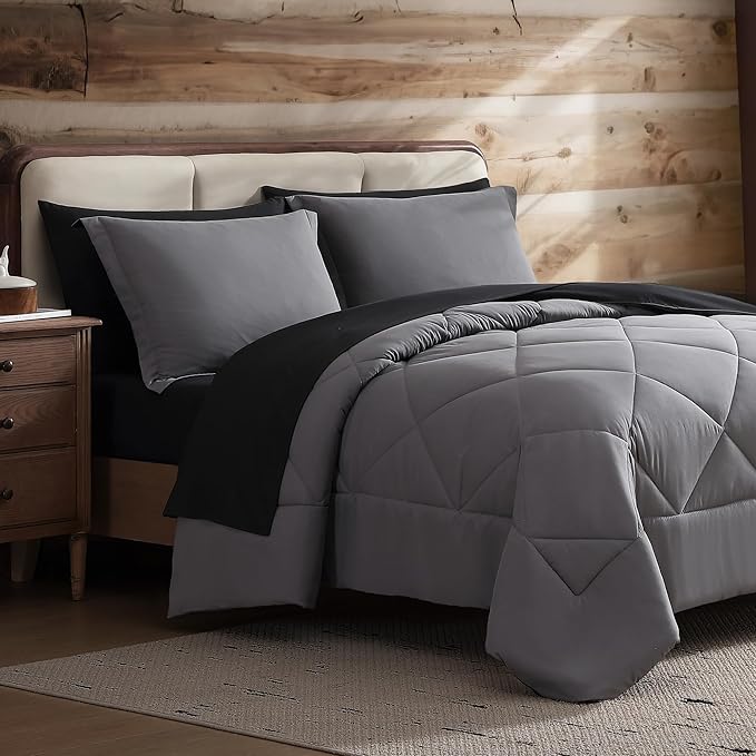 Coleman Queen Comforter Set Reversible Bed-in-a-Bag– Double-Sided Color Options, All-Season Comforter + Shams + Sheets – Perfect for Home, Cabin or Camp Use, Black/Gray