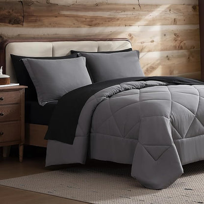 Coleman Queen Comforter Set Reversible Bed-in-a-Bag– Double-Sided Color Options, All-Season Comforter + Shams + Sheets – Perfect for Home, Cabin or Camp Use, Black/Gray