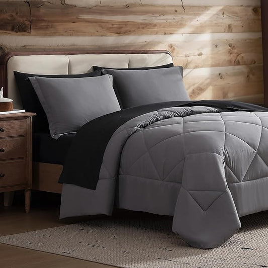 Coleman Twin XL Comforter Set Reversible Bed-in-a-Bag– Double-Sided Color Options, All-Season Comforter + Shams + Sheets – Perfect for Home, Cabin or Camp Use, Black/Gray