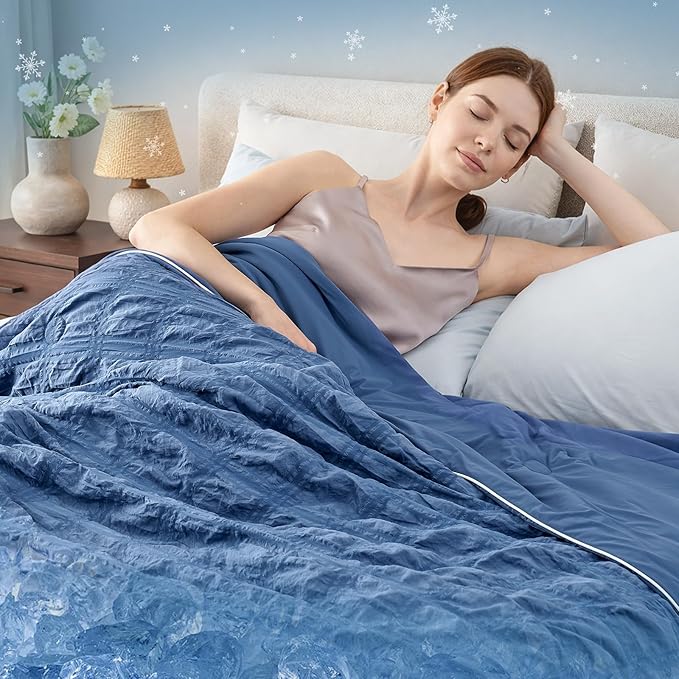 Cozy Bliss Cooling Comforter Seersucker Plaid Twin Size, Q-Max 0.45 Lightweight Cooling Blanket, Breathable Silk Smooth Summer Bedding Quilt for Hot Sleepers Night Sweats Denim Blue