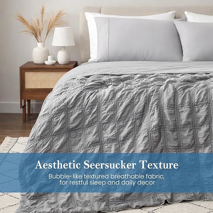 Cozy Bliss Cooling Comforter Seersucker Plaid Full Size, Q-Max 0.45 Lightweight Cooling Blanket, Breathable Silk Smooth Summer Bedding Quilt for Hot Sleepers Night Sweats Dark Grey