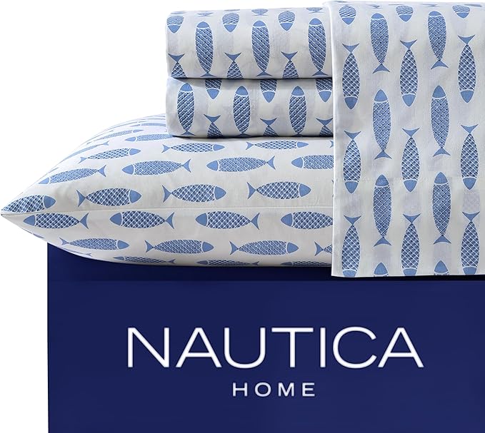 Nautica - Twin Sheets, Cotton Percale Bedding Set, Fully Elasticized, Ideal Dorm Essentials (Woodblock Fish Blue, Twin)