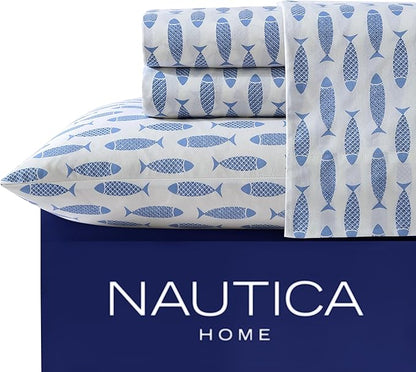 Nautica - Twin Sheets, Cotton Percale Bedding Set, Fully Elasticized, Ideal Dorm Essentials (Woodblock Fish Blue, Twin)