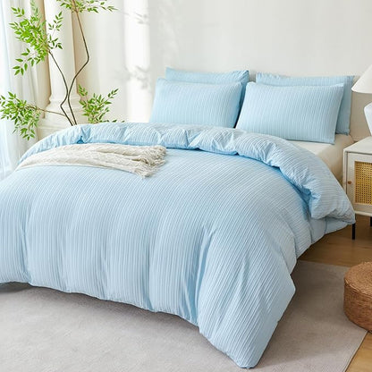 Comforter King Set Light Blue Striped Soft Luxury Washed Microfiber Jacquard 3 Pieces Bedding, Blue Vertical Ticking Stripes Pattern Comforter with 2 Pillowcases Breathable Durable Comfy
