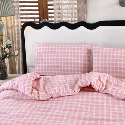 SDIII 3PCS Pink Gingham Comforter Set Twin 100% Washed Microfiber Lightweight Pink Gingham Bedding Twin Farmhouse Shabby Chic Checkered All Season