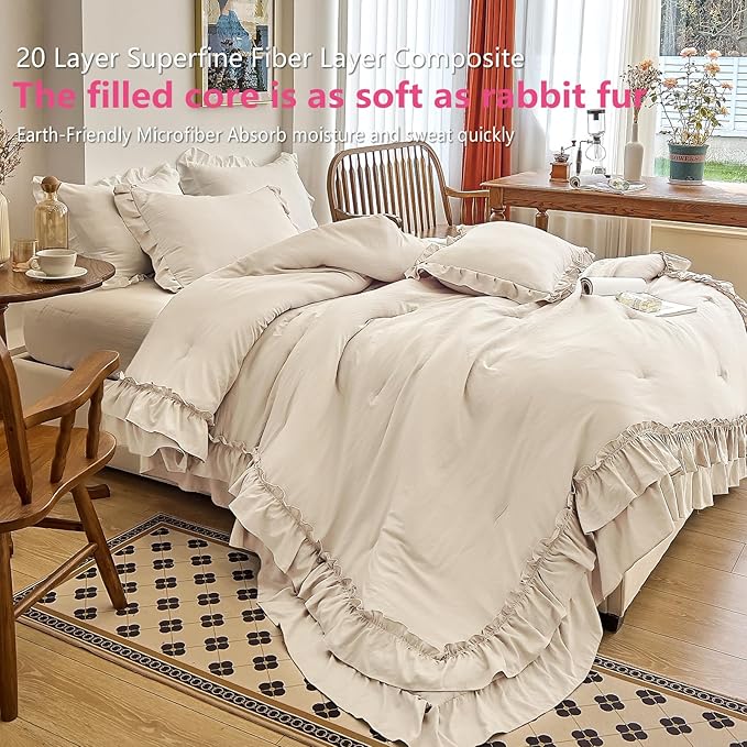 AIKASY Camel Ruffle Comforter Twin, 3 Pieces Vintage Ruffle Fringe Comforter, Farmhouse Rustic Microfiber Down Alternative Bedding Comforter Set (1 Comforter + 2 Pillow Shams)