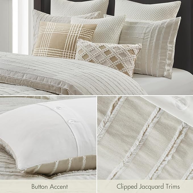 Madison Park Queen Comforter Set Clipped Jacquard Stripes with Buttons Boho Comforter for a Queen-Size Bed, Cotton Oversized Comforters with Removable Cover Boho Bedding, Queen Ivory 8 Piece