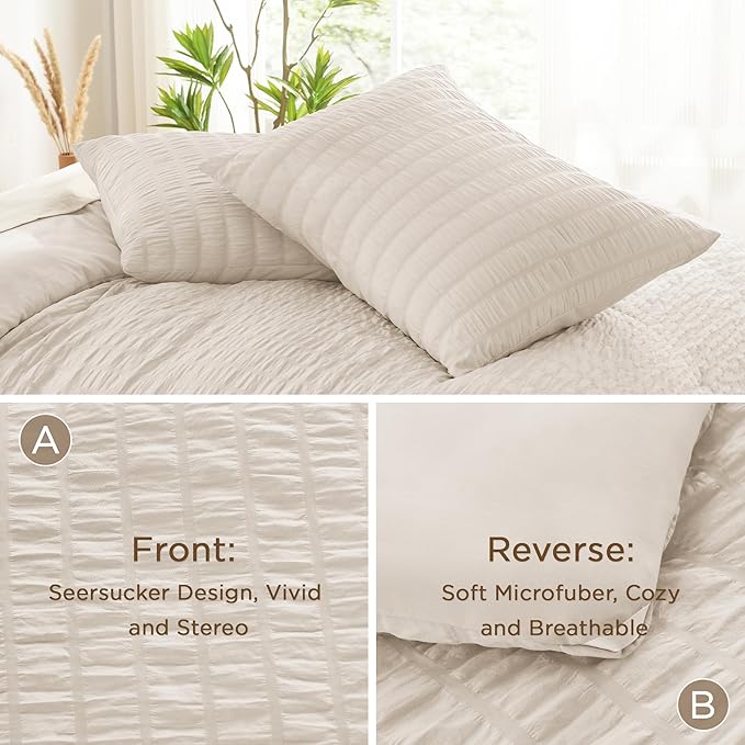 AveLom Beige Seersucker California King Comforter Set (104x96 inches), 3 Pieces-100% Soft Washed Microfiber Lightweight Comforter with 2 Pillowcases, All Season Down Alternative Bedding Set