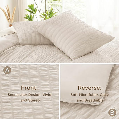 AveLom Beige Seersucker King Comforter Set (104x90 inches), 3 Pieces-100% Soft Washed Microfiber Lightweight Comforter with 2 Pillowcases, All Season Down Alternative Comforter Set for Bedding