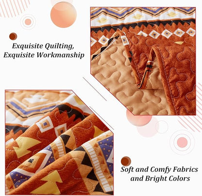 WONGS BEDDING 3 Pieces Quilt Set Queen Size, Burnt Orange/Rust Thanksgiving Quilt Bedspread Bohemian Coverlet Set with 2 Pillowcase, Fall Soft Thanksgiving Bedding Set for All Season 96"×90"