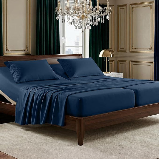 Elegant Comfort Luxurious 1500 Premium Hotel Quality Microfiber Three Line Embroidered Softest 5-Piece Bed Sheet Set, Wrinkle and Fade Resistant, Split King, Navy Blue