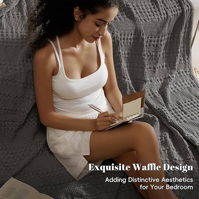 PHF 100% Cotton Waffle Weave Blanket Queen Size for Bed, Soft Lightweight & Breathable for Spring and Summer, All-Season Comfort, Luxury Aesthetic Blanket for Home Decor, 90"x90", Charcoal Grey