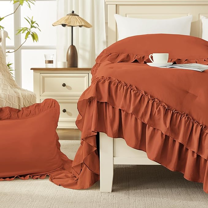 Andency Terracotta King Comforter Set (104x90Inch), 3 Pieces Ruffle Bedding Set with 2 Pillowcases, Farmhouse Shabby Chic Lightweight Fluffy Soft All Season Bed Set, Burnt Orange