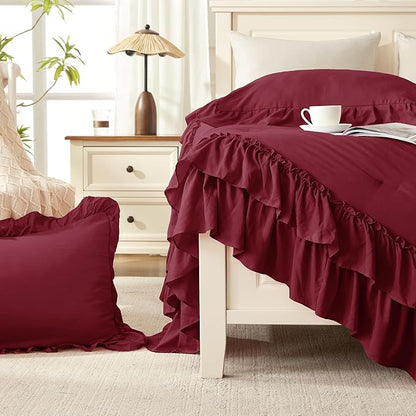 Andency Burgundy Ruffle Comforter Full Set, 3pcs Vintage Farmhouse Shabby Chic Bedding Comforter Set, Soft Lightweight Fluffy Bed Comforter Sets All Season Bedding Set