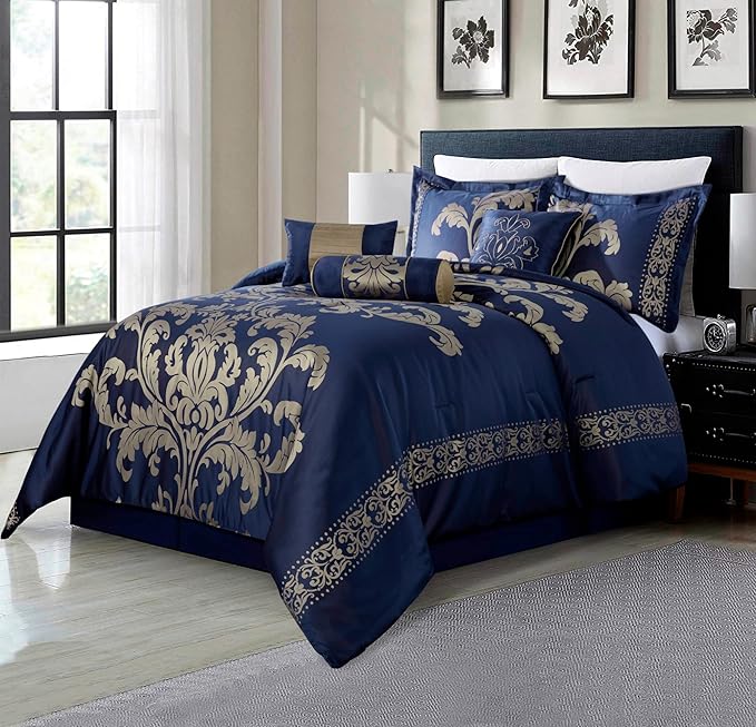 Chezmoi Collection 7-Piece Jacquard Floral Comforter Set (California King, Navy/Gold)