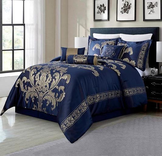 Chezmoi Collection 7-Piece Jacquard Floral Comforter Set (Queen, Navy/Gold)