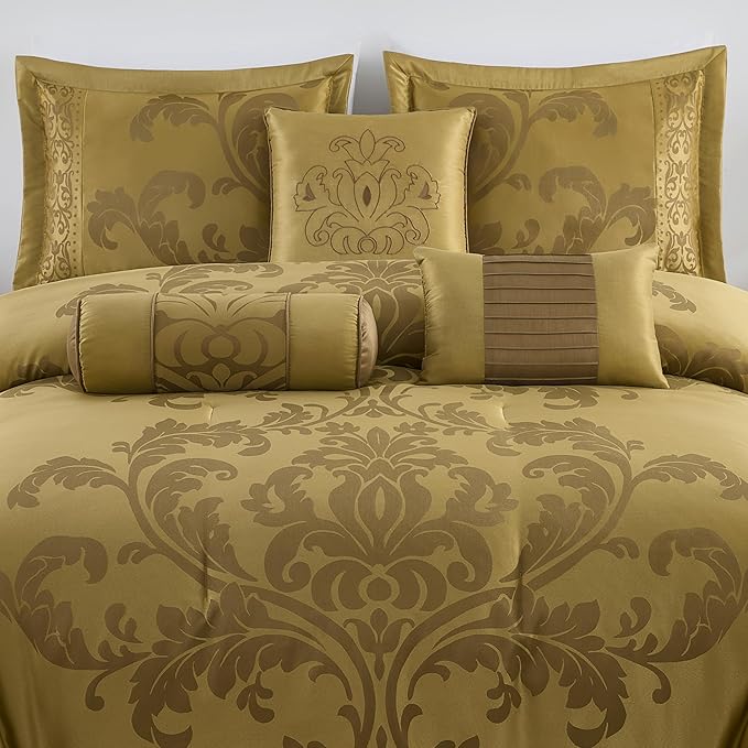 Chezmoi Collection 7-Piece Jacquard Floral Comforter Set (California King, Gold)