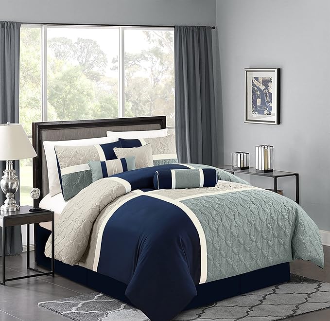 Chezmoi Collection Upland 7-Piece Quilted Patchwork Comforter Set, Navy/Blue/Gray, Queen