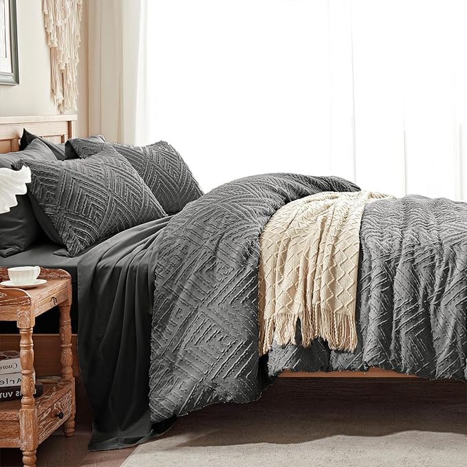 Zzlpp Twin Comforter Set 5 Pieces, Dark Grey Tufted Bed in a Bag with Comforter and Sheets, All Season Boho Bedding Sets with 1 Comforter, 1 Pillow Sham, 1 Pillowcase, 1 Flat Sheet, 1 Fitted Sheet