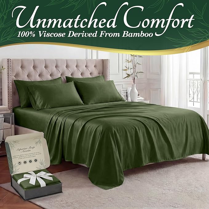 DECOLURE 100% Viscose Derived from Bamboo Sheets California King Size - Luxury 6 Pc Naturally Cooling Sheets, Ultra Soft Bed Set - Deep 17" Pockets, Double Stitching, Oeko Tex Standard (Olive)