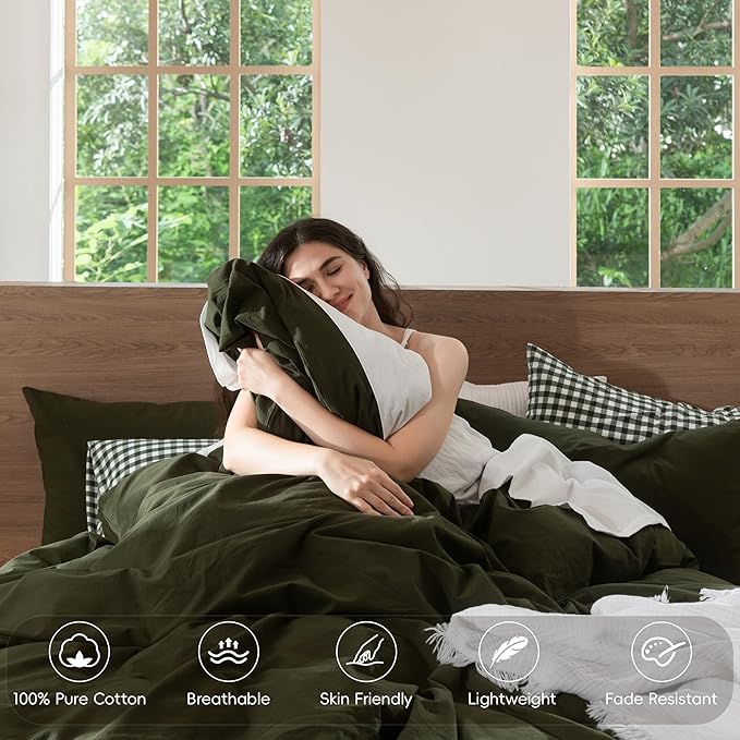 MooMee Bedding Duvet Cover Set 100% Washed Cotton Linen Like Textured Breathable Durable Soft Comfy (Solid Olive Green, Super Queen 90"x98")