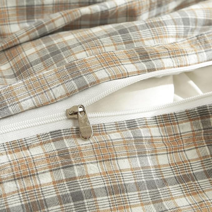 EAVD Retro Tan Gingham Duvet Cover Queen Khaki Brown Grid Plaid Bedding Set Soft 100% Washed Cotton Like Linen Feel Soft 3-Piece Brown Vintage Checkered Plaid Duvet Cover with Zipper Closure