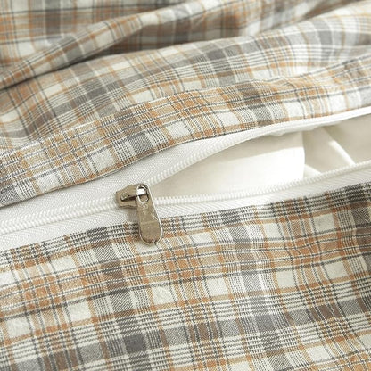 EAVD Retro Tan Gingham Duvet Cover Queen Khaki Brown Grid Plaid Bedding Set Soft 100% Washed Cotton Like Linen Feel Soft 3-Piece Brown Vintage Checkered Plaid Duvet Cover with Zipper Closure