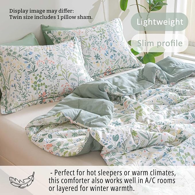 Floral Cotton Comforter Twin Size - Botanical Wildflower Pattern with Soft Pestel Accents on White, Textured Dusty Green Back, 2PC Lightweight Bedding Set with Down Alternative Fill(68"×90")