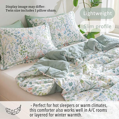 Floral Cotton Comforter Twin Size - Botanical Wildflower Pattern with Soft Pestel Accents on White, Textured Dusty Green Back, 2PC Lightweight Bedding Set with Down Alternative Fill(68"×90")