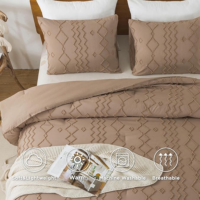 Andency Taupe Tufted Comforter Set Full(79x90Inch), 3 Pieces(1 Boho Comforter, 2 Pillowcases) Textured Farmhouse Bed, Soft Microfiber Down Alternative Geometric Bedding Set