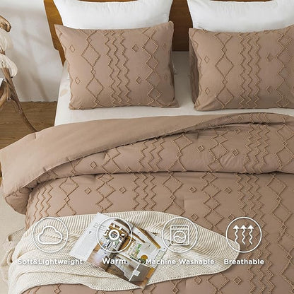 Andency Taupe Tufted Comforter Set Full(79x90Inch), 3 Pieces(1 Boho Comforter, 2 Pillowcases) Textured Farmhouse Bed, Soft Microfiber Down Alternative Geometric Bedding Set