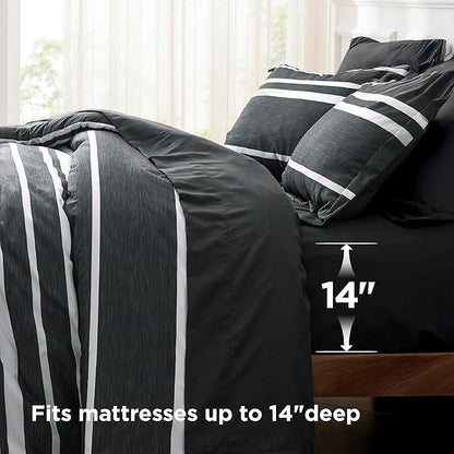 Bedsure Twin Comforter Set 5 Pieces, Black Striped Bedding Set for All Seasons, Reversible, Cationic Dyeing Bed in a Bag with Comforter, Sheets, Pillowcase & Sham