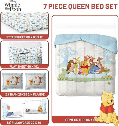 Jay Franco Kids Comforter Set Includes Sheets and Pillow Covers - Soft and Cozy Bed Set for Stylish Room Decor, Official Licensed Bedding, White - Winnie The Pooh, 7 Piece Queen
