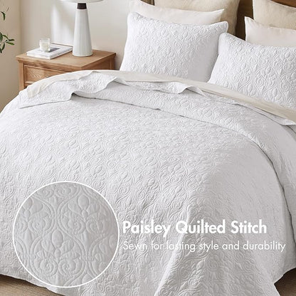 Madison Park Quebec Queen Size Quilt Bedding Set - White , Damask – 3 Piece Bedding Quilt Coverlets – Ultra Soft Microfiber Bed Quilts Quilted Coverlet