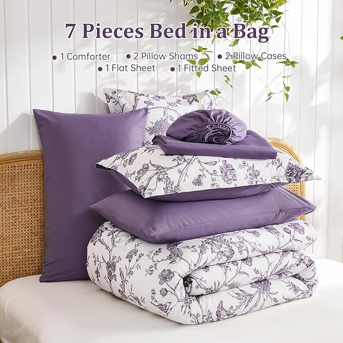 Luxudecor Floral Comforter Set King Size 7 Pieces, Purple Flower with Bird Bed in a Bag, Soft Reversible Comforter with Sheet Bed Set 104"x90"