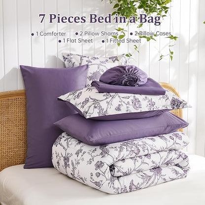Luxudecor Floral Comforter Set King Size 7 Pieces, Purple Flower with Bird Bed in a Bag, Soft Reversible Comforter with Sheet Bed Set 104"x90"